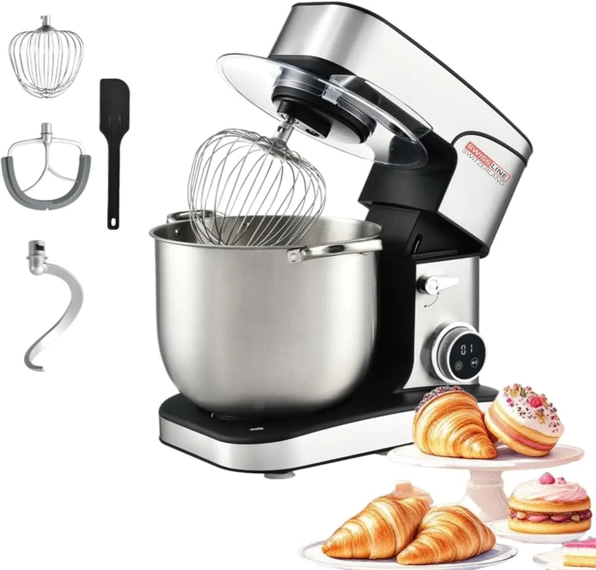 Robot pâtissier Swiss line, Professionnel 3500W, Bol Inox 20L XXXXL, 12 niveaux de vitesse avec Écran LED Tactile & Minuteur