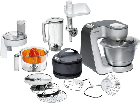 Bosch robot pâtissier MUM56340, puissance 900 W, bol mélangeur, finition argentée, Série 4, Styline, 7 niveaux de vitesse + turbo