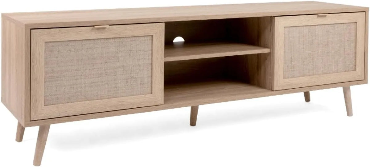 Meuble TV, en Bois 150 cm Effet Cannage, 2 Portes Placards et 2 Niches Spacieuses, CONCEPT USINE, Design TIVAT, Finition Chêne Sonoma