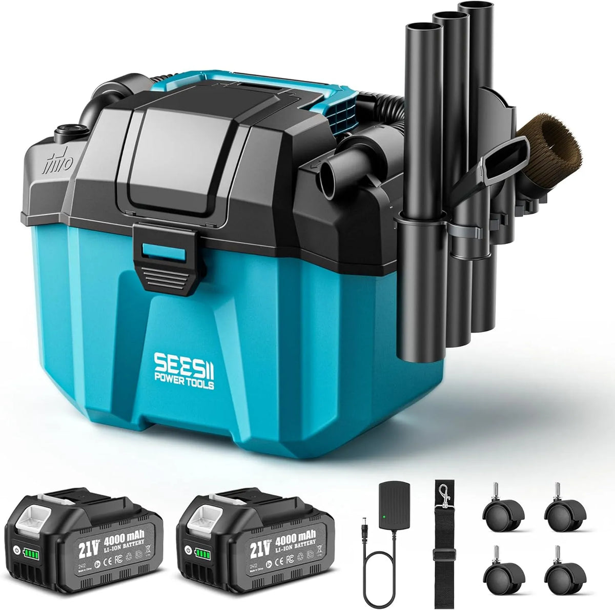 Aspirateur 8000 Seesii, Poussiere et Eau 10 L, 8000 mAh, 2x4000 mAh, 4 Roues et Accessoires, Eau et Poussière Batterie mAh, avec Sangles