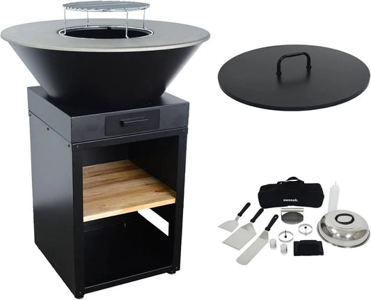 Barbecue sweeek - Brasero, Brasero Ø81.5cm avec Grille de Cuisson. Espace de Rangement. Couvercle et ustensiles
