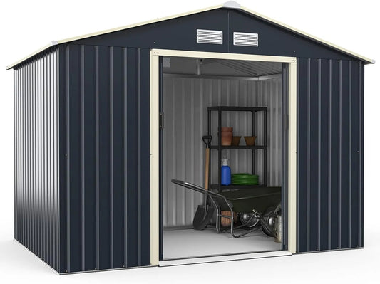 Abri de jardin Costway, en Métal 5.2㎡ avec 2 Portes Coulissantes Verrouillables, dimensions 277,5 x 191 x 202,5cm, finition grise, pour Vélo, Poubelle