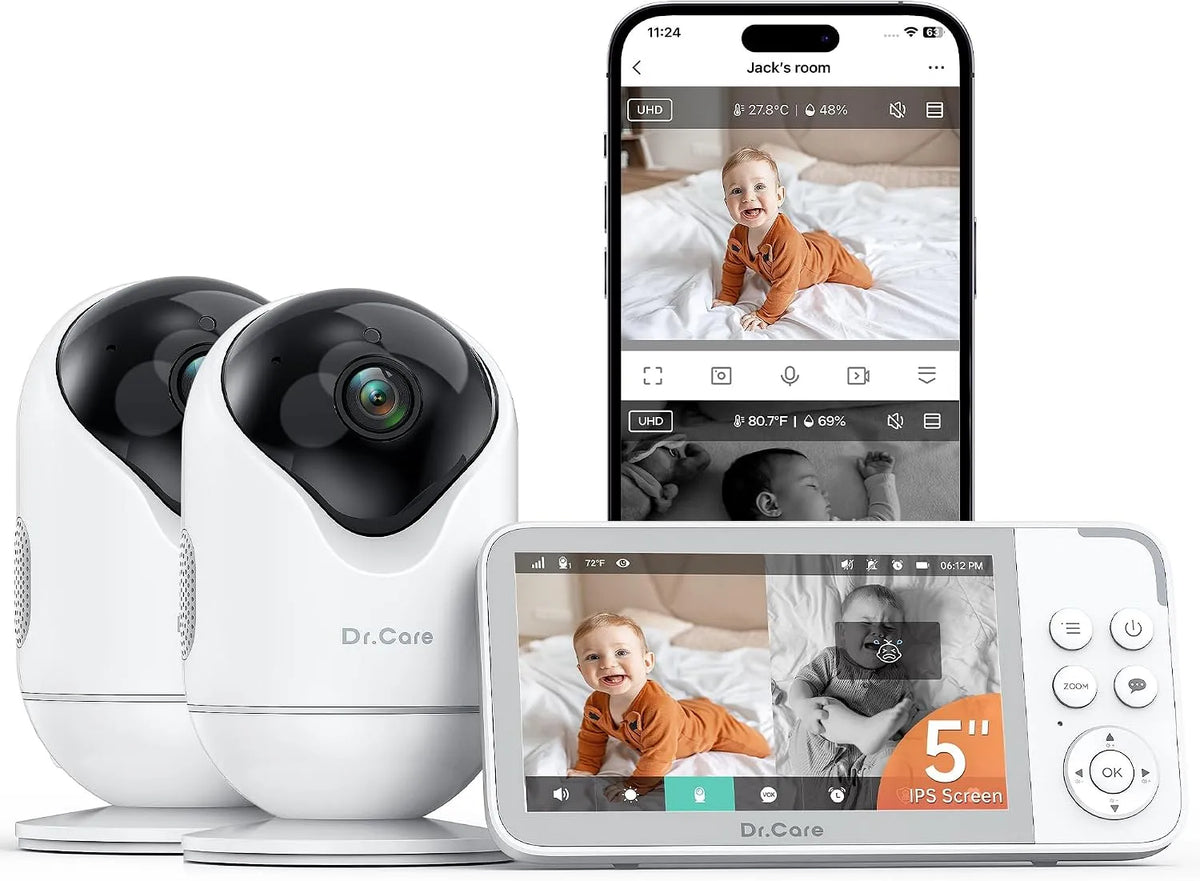 Babyphone Caméra Bébé WiFi modèle 1080P Dr.Care VistaView, Écran Divisé & Caméra 2K, Moniteur 5' avec 2 Caméras, Alertes Pleurs&Mouvements