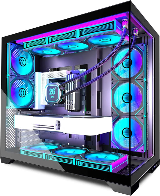 Radiateur H-D9, Boîtier PC ATX 9 Ventilateurs PWM ARGB pré-installés, Support de 360mm ，finition noire, Boîtier PC Gaming Mid-Tower