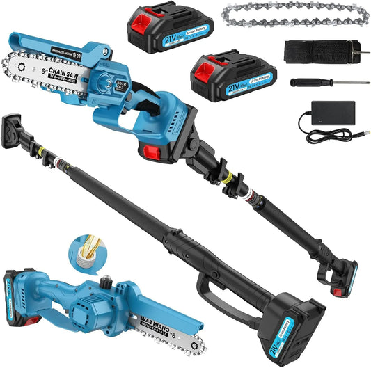 Tronçonneuse m-2, 2-en-1 avec Perche Télescopique, puissance 1000W Moteur, 1,6 m, & Mini 6 pouces, 2 Batteries de 2000 mAh