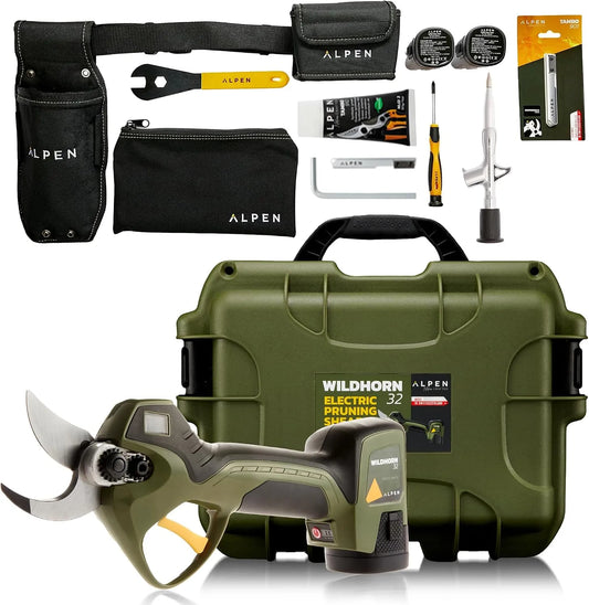 32 Sécateur électrique à fonctionnement à fonctionnement sans fil ALPEN Wildhorn, coupe 32 mm, 3 batteries Li-Ion, Lame suisse HSS FELCO, écran LCD