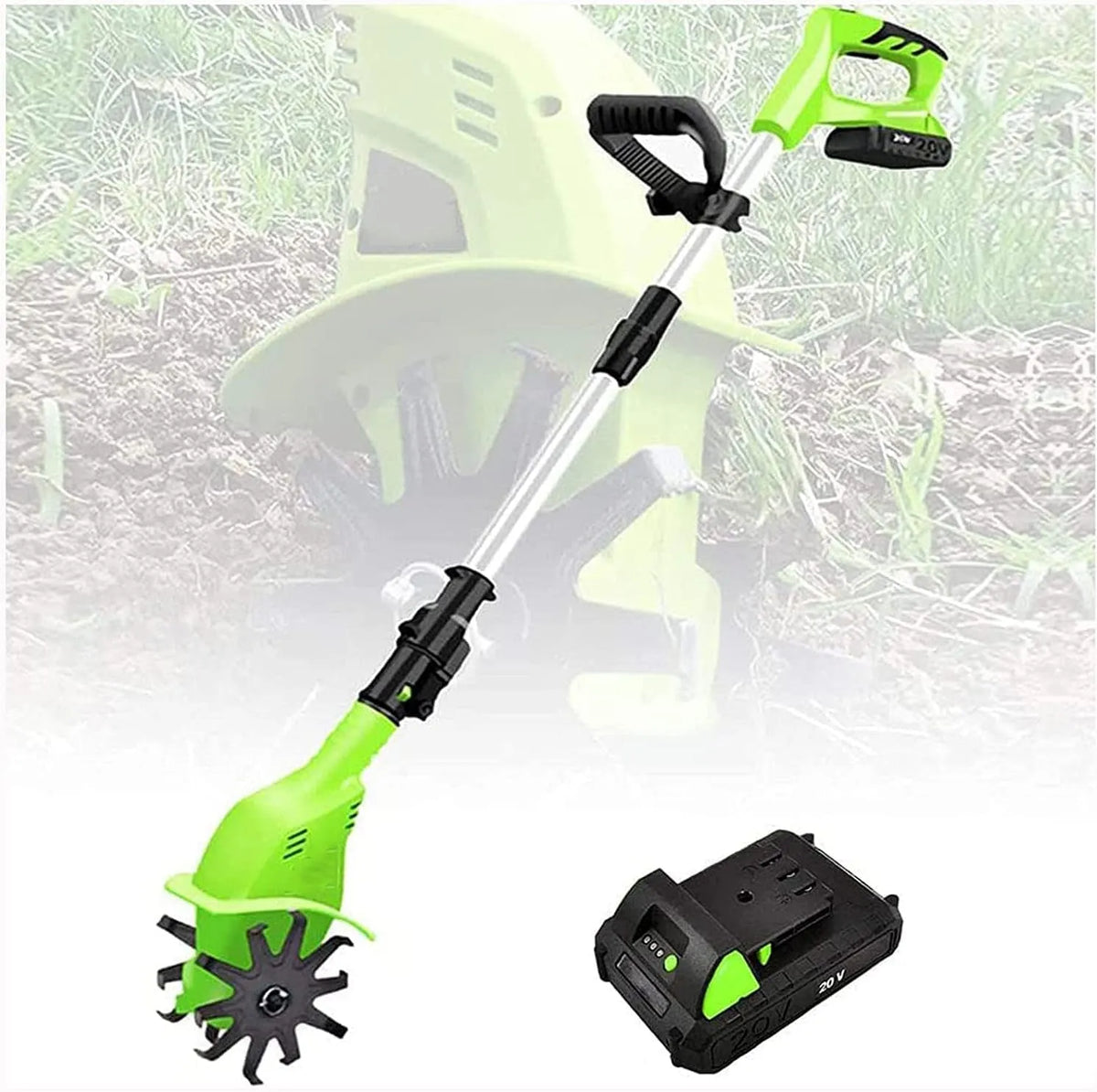 Motoculteur, électrique portatif 20 V avec cultivateur au format au format portable pour Jardins, de Jardin, sans Fil, poignée réglable pour pelouses