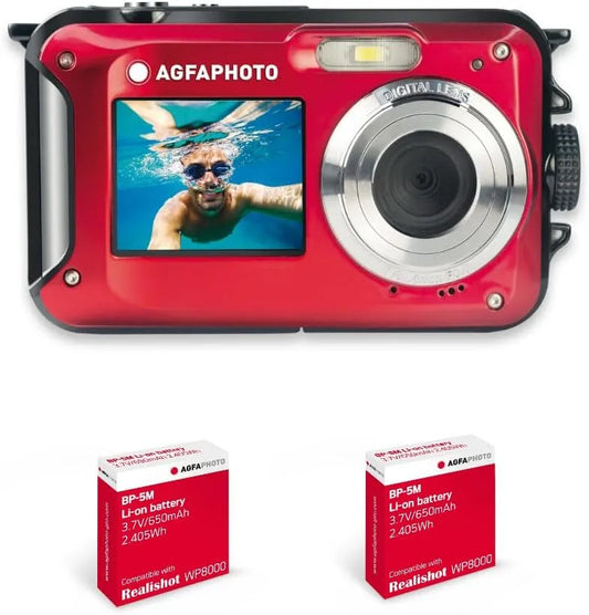 Appareil photo WP8000 AgfaPhoto Realishot, 2 Batteries + Dragonne Flottante Incluse- Rouge, Numérique Compact étanche