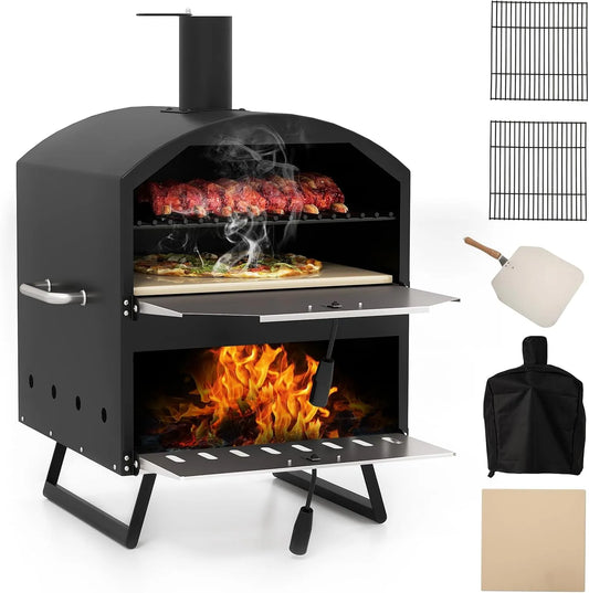 Four GYMAX, à Pizza d'Extérieur à Bois avec 2 Grilles pour Barbecue, Température Max. 510°C, sur Pied ou sur Table, Pierre de Cuisson 40,5cm, Pelle