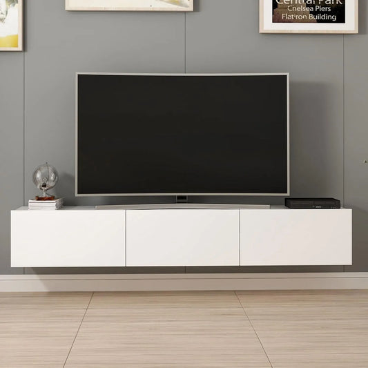 Meuble TV, Suspendu Pary finition blanche 180 cm, 3 Placards Abattants sans Poignées, CONCEPT USINE, Design Minimaliste & Épuré, Fixation Murale