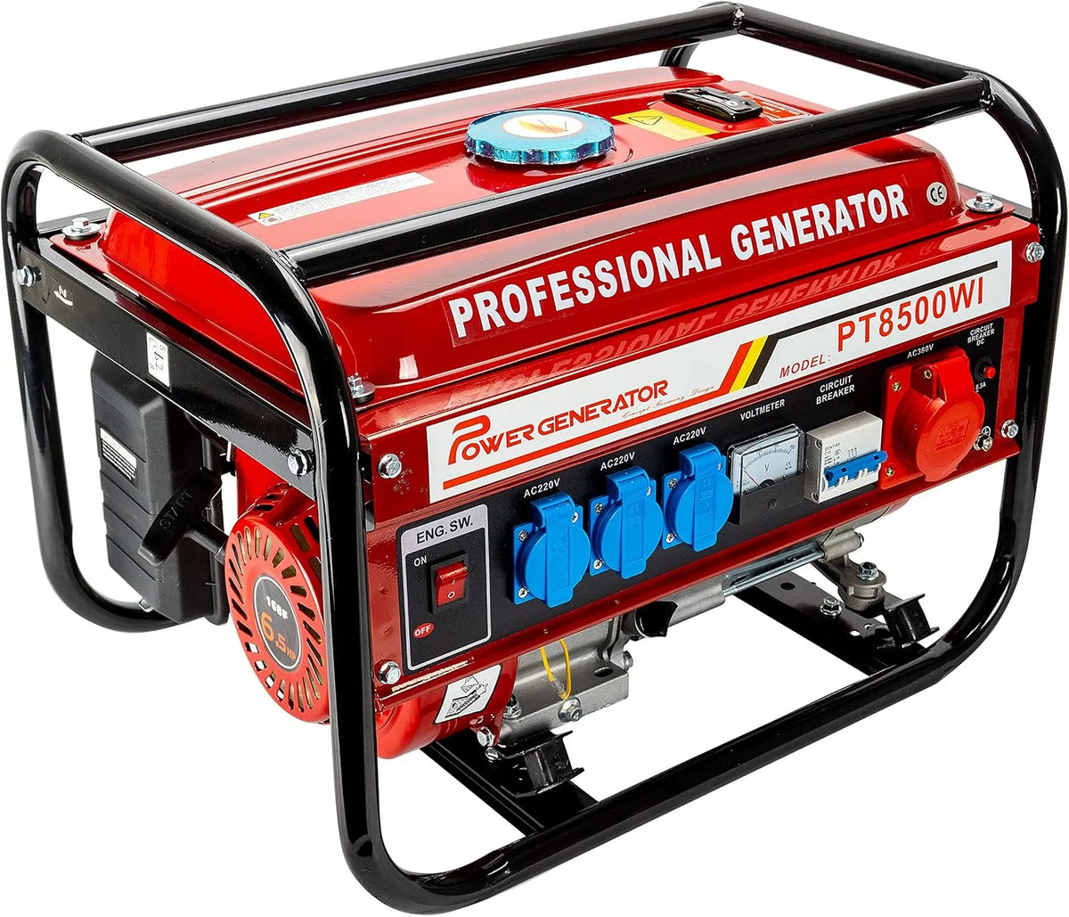 Générateur électrique, 3 x 230 V, 1 x 400 V, 5 prises, 6,5 CV, de courant avec essence, de courant avec accessoires