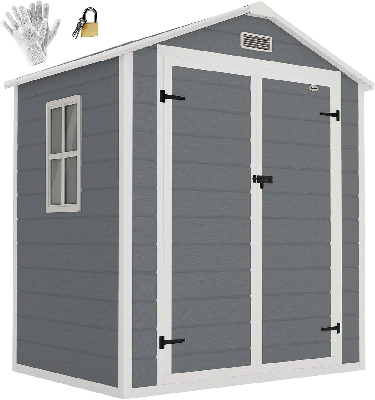 Abri de jardin Outsunny, cabanon en résine polypropylène 2,12 m², 2 Portes 1 fenêtre et 1 Grille d'aération, Toit en Pente, finition grise