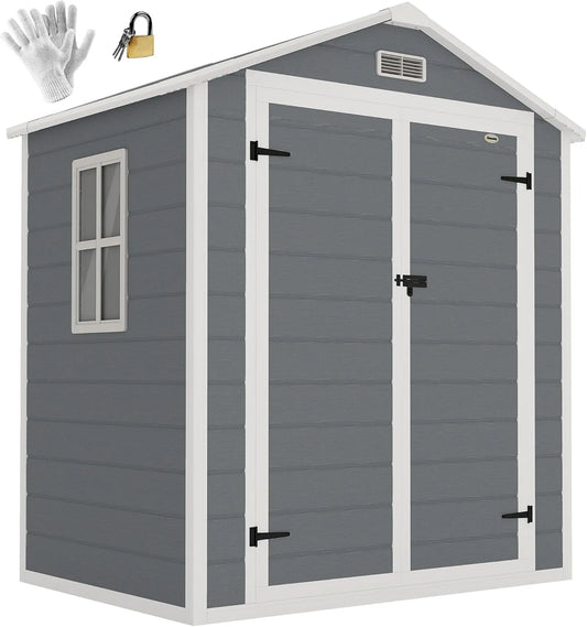 Abri de jardin Outsunny, cabanon en résine polypropylène 2,12 m², 2 Portes 1 fenêtre et 1 Grille d'aération, Toit en Pente, finition grise