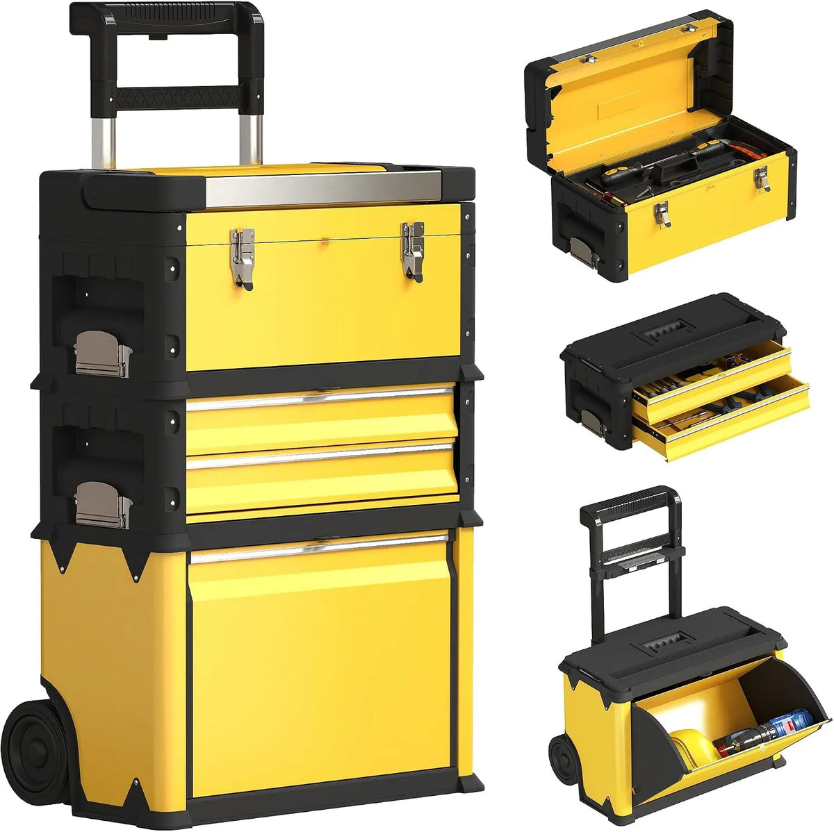Homcom, poignées et serrure, Lot de 3 boîtes à outils sur roulettes empilables et modulaires, jaune, pour garage et entrepôt