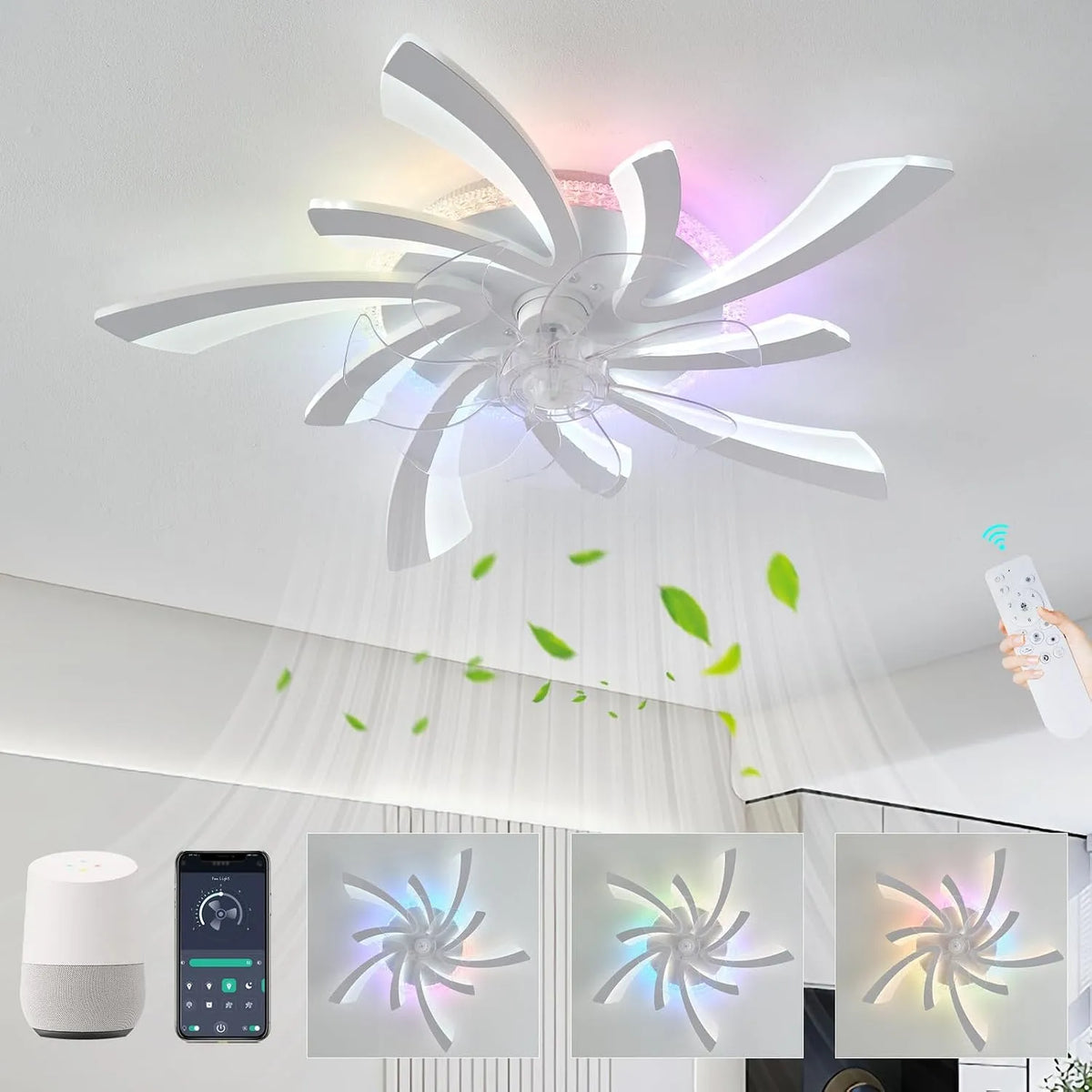 Ventilateur, 6 niveaux de vitesse DC Motor Réversible Plafonnier Pour Chambre Salon-finition blanche, Plafond Avec Lumiere RGB Compatibilité Alexa