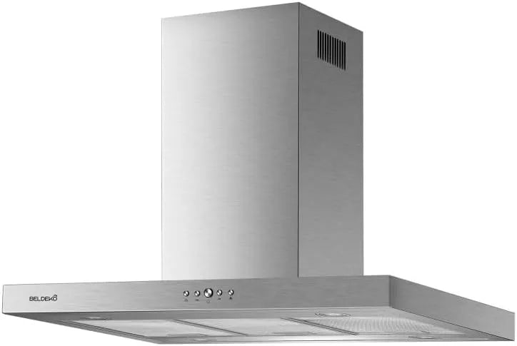Aspirante BELDEKO NODOSA 90 Hotte îlot, Débit 553 m³/h, Marque française, 90 cm en inox, 3 niveaux de vitesse + minuterie, Recyclage ou évacuation