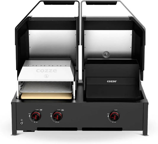 Barbecue à gaz, Cozze Quattro 900, Pierre Cordiérite, Grill 4-en-1, avec Plancha & Four à Pizza, Plancha Fonte Émaillée & Boutons LED
