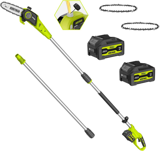 Alloyman 20V MAX Élagueur sur perche sans fil, lame de 20 cm, vitesse de chaîne 5,5 m, 2 batteries 20V 4,0 Ah et chargeur, poids 4KG