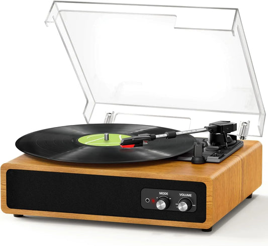 Portable avec 3 niveaux de vitesse 33/45/78 TR/Min Platine Vinyle, 2 Haut-parleurs Intégrés, Sortie RCA, Entrée AUX, Marron Clair