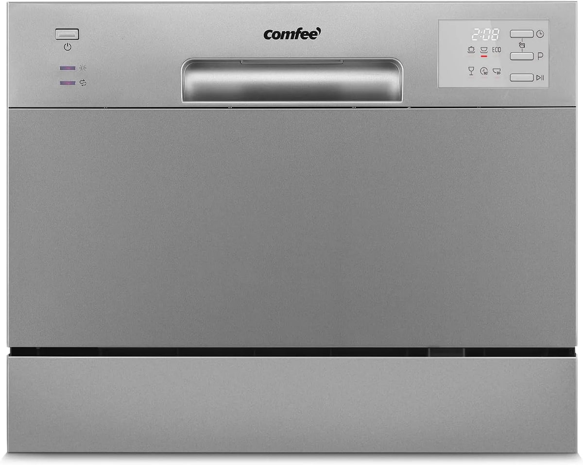 Comfee lave-vaisselle CDWMT0602ESD-EU, niveau sonore 47 dB, cycle intensif H-TEMP à 70 °C, écran LED, finition argentée, Compact Mini avec 6 couverts