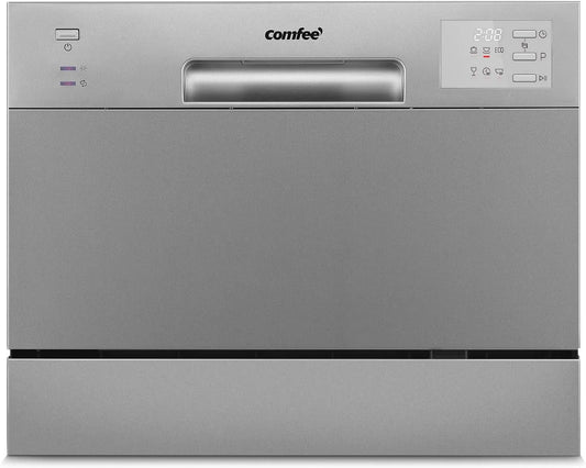 Comfee lave-vaisselle CDWMT0602ESD-EU, niveau sonore 47 dB, cycle intensif H-TEMP à 70 °C, écran LED, finition argentée, Compact Mini avec 6 couverts
