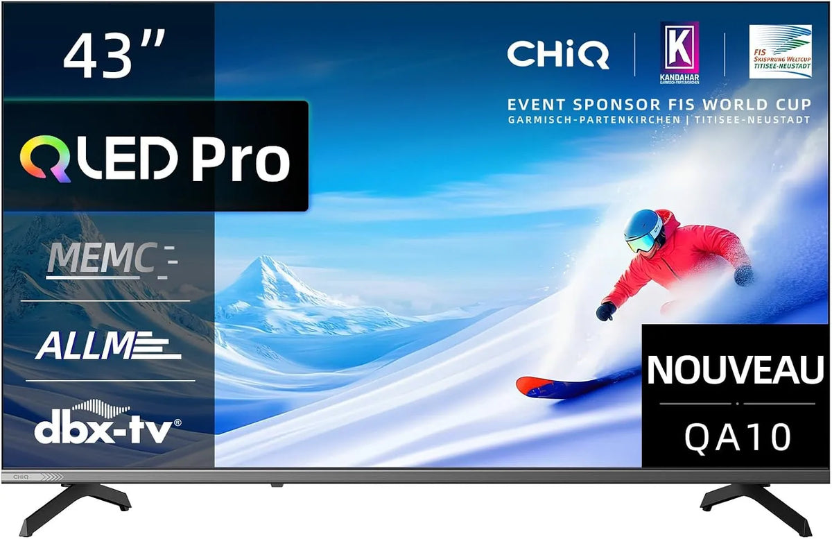 Téléviseur 43QA10 HDR10 CHiQ, Intelligent 43 Pouces, 4K Ultra HD QLED, VRR & ALLM Design Ultra-Mince, largeur 108 cm, T2, S2, Wi-FI, DVB-C