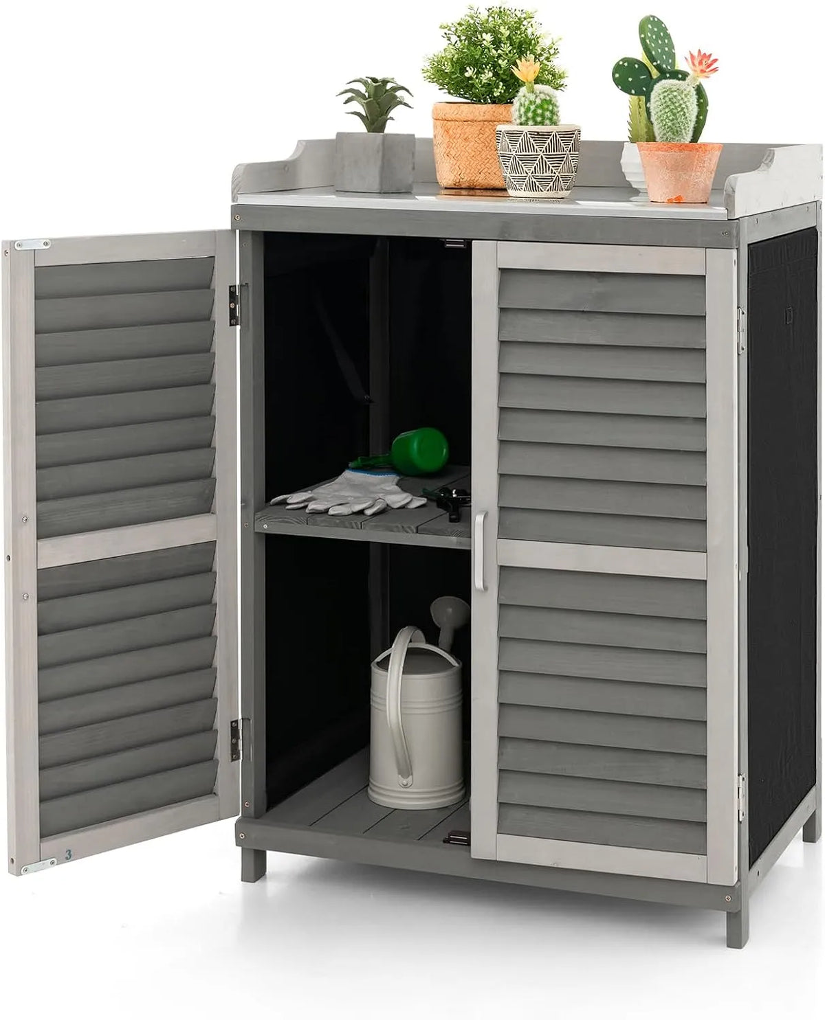 Abri de jardin Costway, Extérieur à 2 Étagères et Plateau en Métal Plaqué, pour Terrasse Jardin Cour 67 x 47 x 100 cm, finition grise