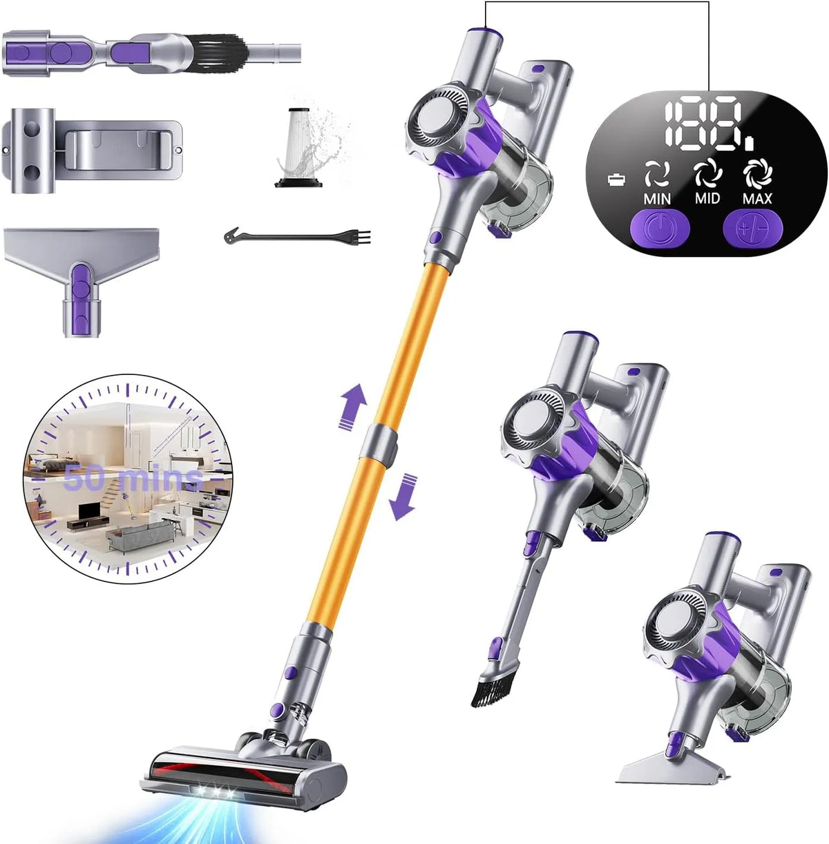 Aspirateur balai EUARY, 50 Minutes Autonomie Aspirateur sans Fil Puissant avec Écran Intelligent, 40KPA, Purple