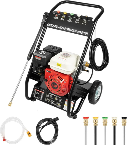Nettoyeur haute pression 7.5CV 2200, Moteur 4 Temps Essence, Débit 2.3 GPM, avec 5 Buses et Tuyau 8 m, PSI Haute Pression à gaz, pour Terrasse
