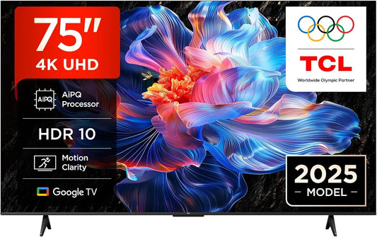 Téléviseur 75V6C TCL, 4K HDR, LED direct, Smart TV avec Google TV, Dolby Audio, Motion Clarity, compatible avec Google Assistant et Alexa