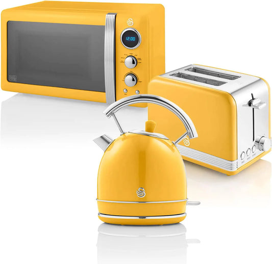 Bouilloire électrique, Grille-Pain 2 Tranches à Fente Large, Micro-Ondes Numérique 20L, capacité 1,8 L, Swan Retro Ensemble Petit-Déjeuner, Minuteur