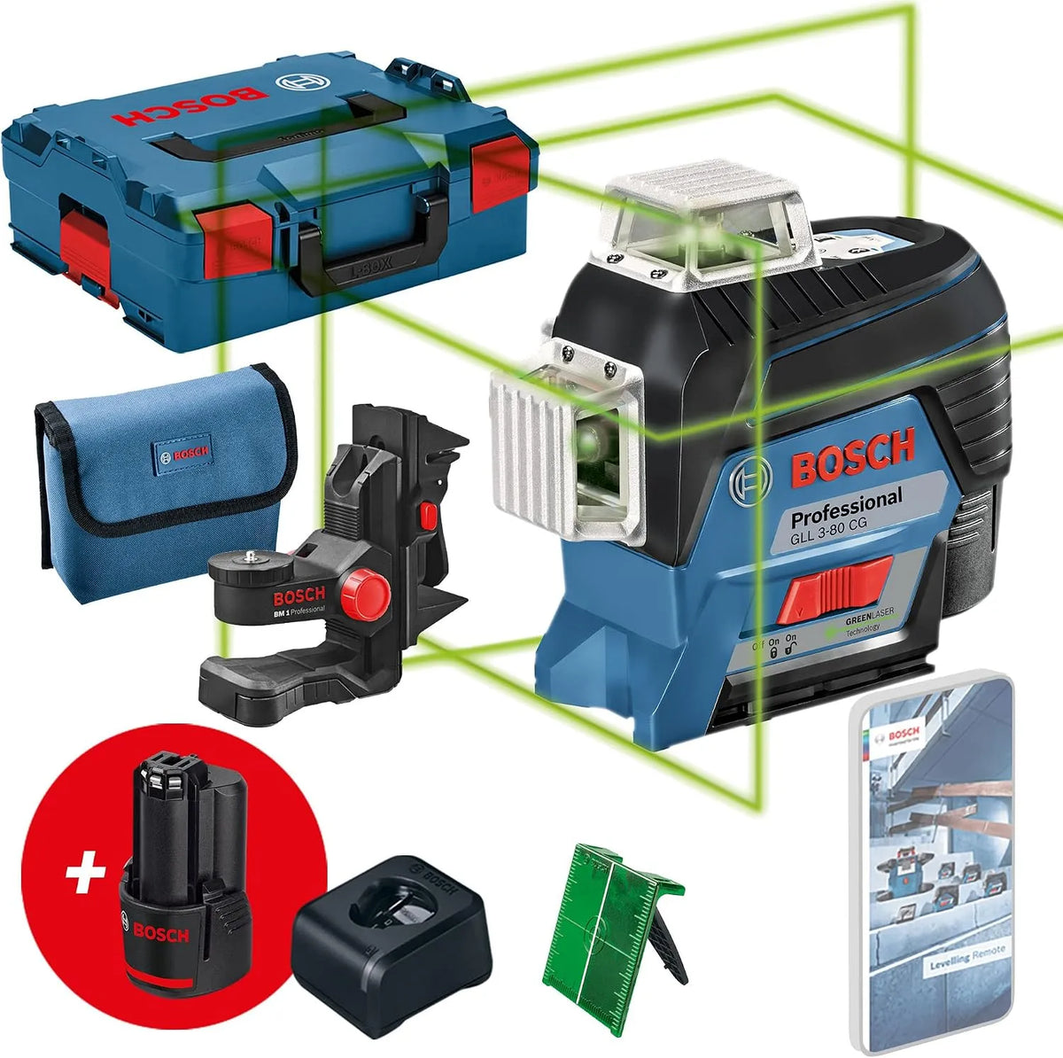 Bosch Professional 12V System laser lignes GLL 3-80 CG, 2 batteries 12 V, portée: jusqu'à 30 m, chargeur, support, avec application mobile dédié