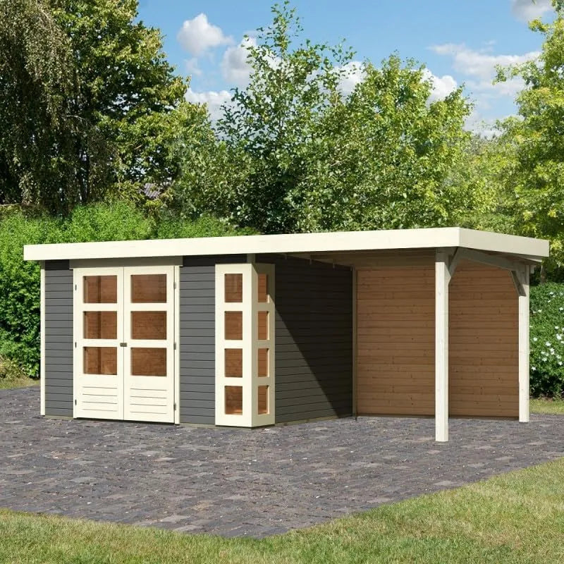 Abri de jardin, Bois Massif finition grise Terre 7,43m² avec Appentis 240cm et Paroi Arrière, Karibu Kerko 5, Toiture Bois 16mm, Fenêtres Plexi