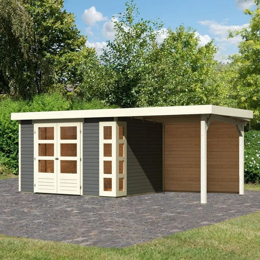 Abri de jardin, Bois Massif finition grise Terre 7,43m² avec Appentis 240cm et Paroi Arrière, Karibu Kerko 5, Toiture Bois 16mm, Fenêtres Plexi