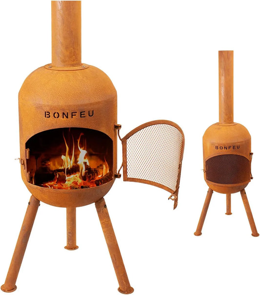 BonFeu BonSolo, dimensions 34 x 34 x 124 cm, Poêle de terrasse en acier, Cheminée de jardin d'extérieur, Avec grille de cuisson