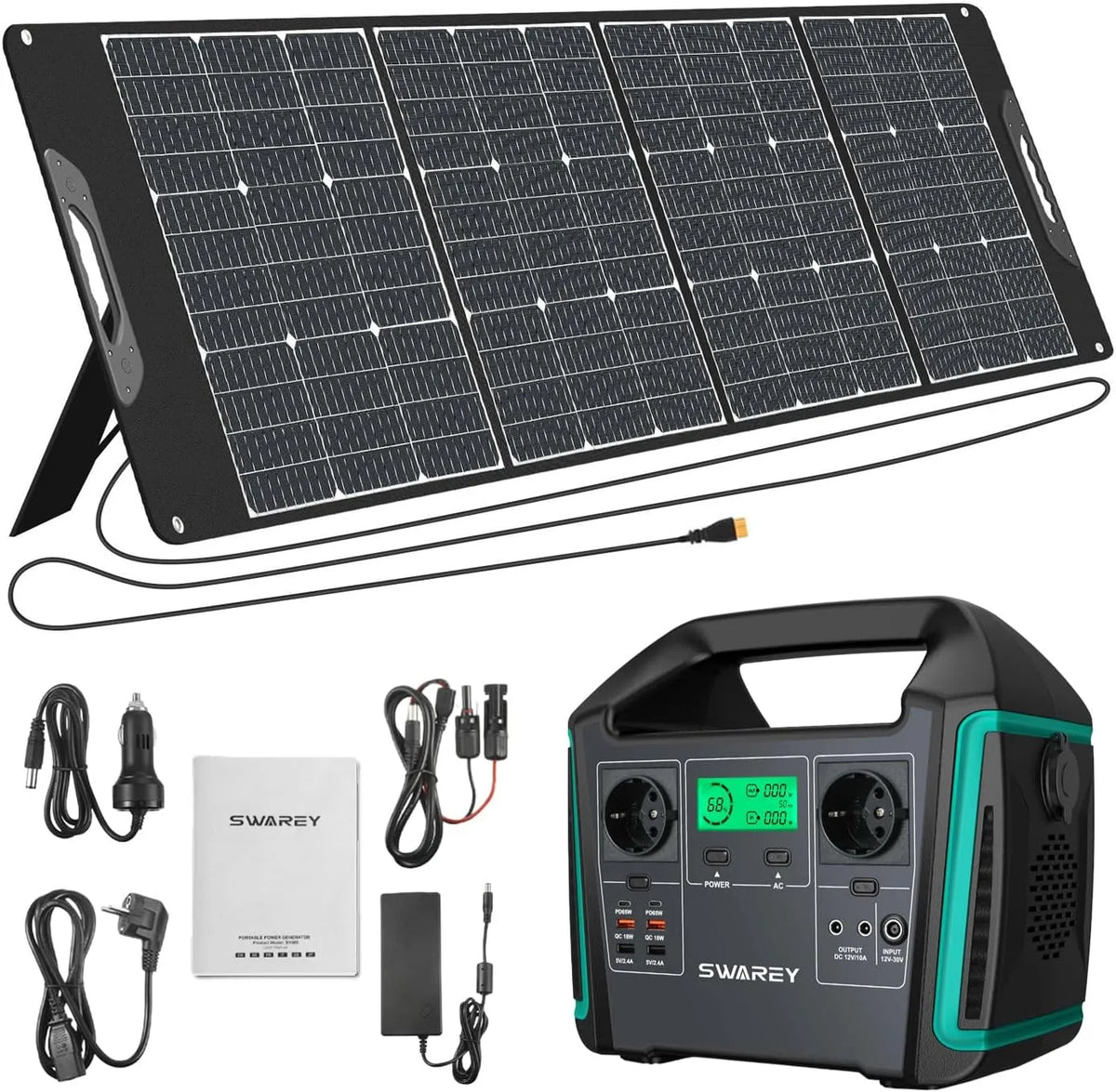 Générateur électrique, Electrique Portable 1000W, avec Panneaux Solaires Pliable 200W Pack Solaire Batterie Externe 220V Sortir AC, QC 3.0, USB