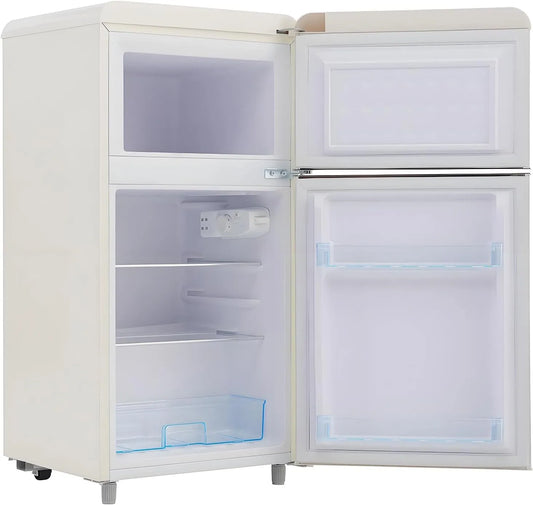 Réfrigérateur, volume de 72 litres et compartiment congélateur de 21 litres, 120 kWh, rétro, classe énergétique E, éclairage LED, an, White