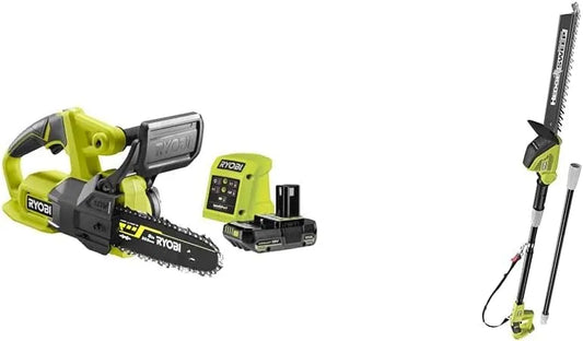 Ryobi tronçonneuse, 1 batterie lithium+ 18V 2,5 Ah et 1 chargeur 1,5 A, compacte 20 cm + Taille-Haie Électrique sur Perche Sans Fil à Batterie