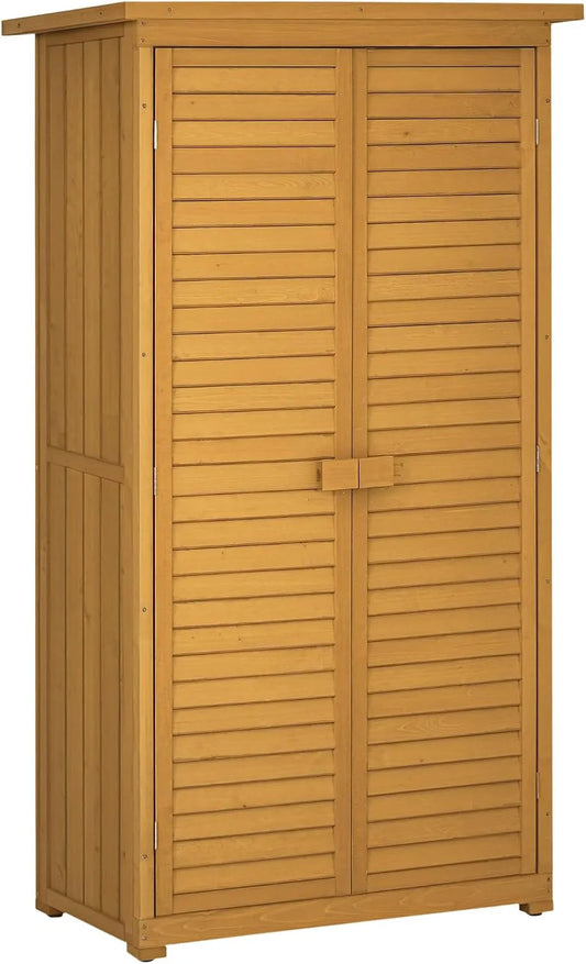 Abri de jardin Outsunny, abri à Outils sur Pied en Bois 2 étagères Portes à Volets Toit en Bitume incliné 87 x 47 x 160 cm Naturel