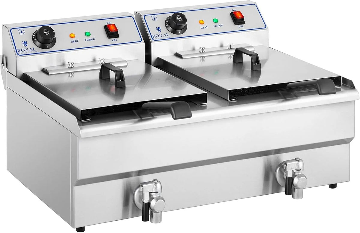 Friteuse Électrique Double Professionnelle 2 x 6 Royal Catering, Courant Triphasé 400 V, 2 Branchements Électriques Commerciale, Robinet de Vidange