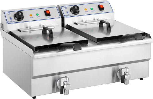Friteuse Électrique Double Professionnelle 2 x 6 Royal Catering, Courant Triphasé 400 V, 2 Branchements Électriques Commerciale, Robinet de Vidange