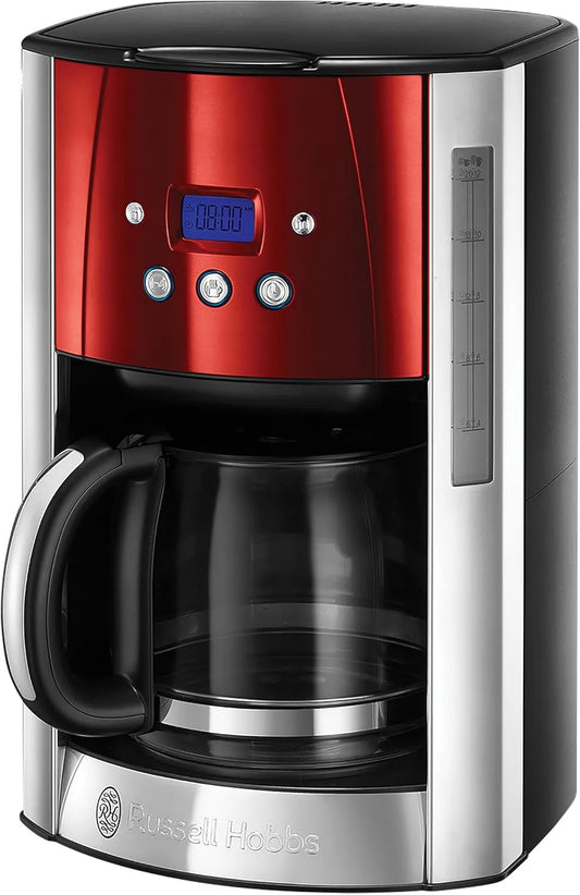 Russell Hobbs cafetière 23240-56, puissance 1000W, 12 tasses, Programmable, Auto-Nettoyante, Machine à café filtre, Verseuse en verre 1,5L, Luna rouge