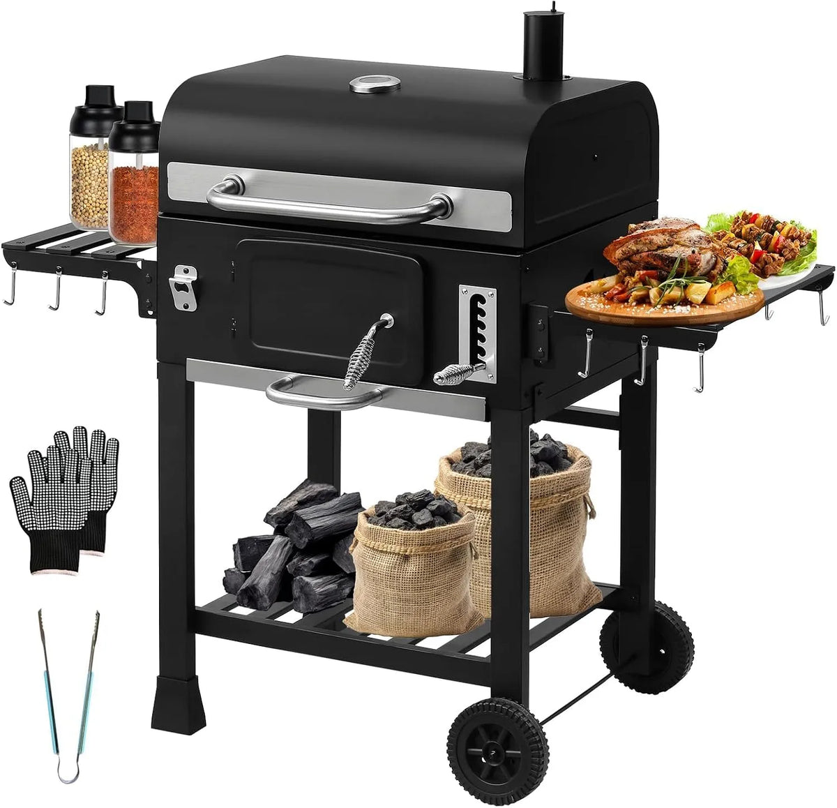 Barbecue TEENO XXL, Charbon de Bois XXL, avec Couvercle, Thermomètre Intégré, Gants Anti-Chaleur, Cheminée, Ouvre-Bouteille & Fumoir