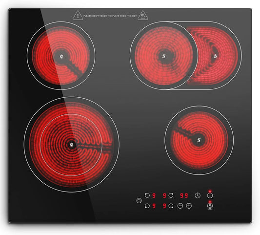 Plaque de cuisson, Vitrocéramique 4 Feux, de cuisson Encastrable 6600W, 9 Niveaux, Ovale Double Zone, Tactile, indication de chaleur résiduelle