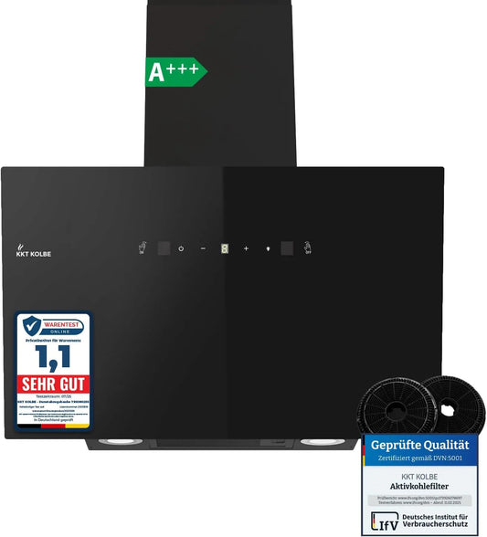 Hotte aspirante TRIO8025S KKT KOLBE, 782 cbm, capuchons muraux sans tête, contrôle gestuel, Éclairage LED, largeur 80 cm, verre, finition noire