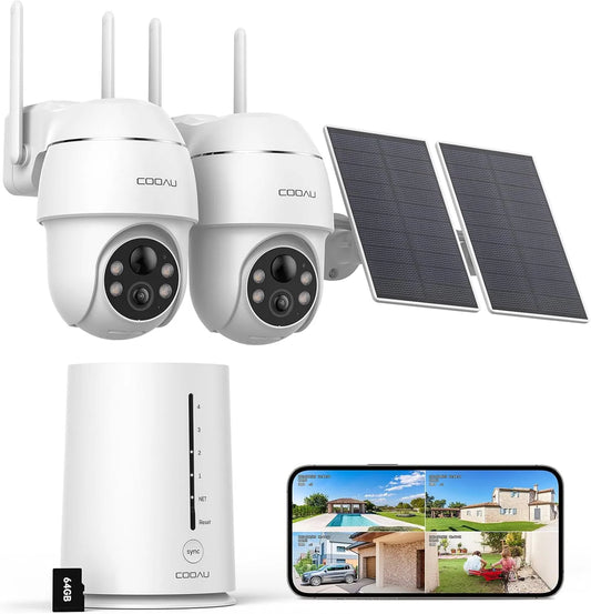 Camera Surveillance WiFi exterieure sans Fil 4MP 2.5K COOAU, 64 Go Stockage Local, 365 Jours avec Panneau Solaire, Base + 2 Caméras, capacité 4 LED