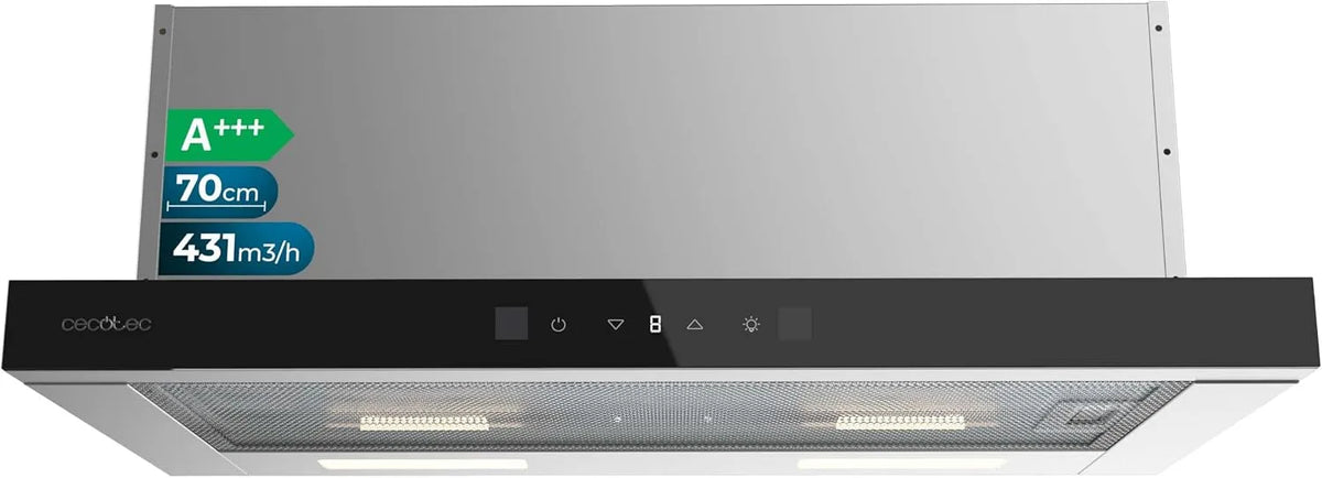 Cecotec hotte aspirante 704400, 70cm Télescopique Bolero Flux TLT Glass Black A+++. Aspiration 431,2m³, 2m³/h, Moteur DC, Basse Consommation