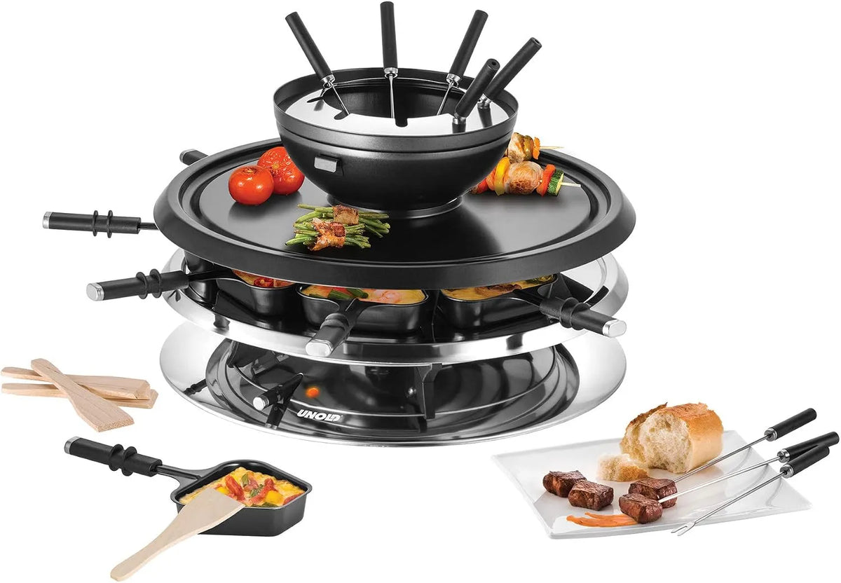 Barbecue UNOLD 48726, Raclette Multi 4 en 1 1-1300 W, Capacité: Environ 700 ML, pour jusqu'à 8 Personnes, Revêtement antiadhésif, Fondue