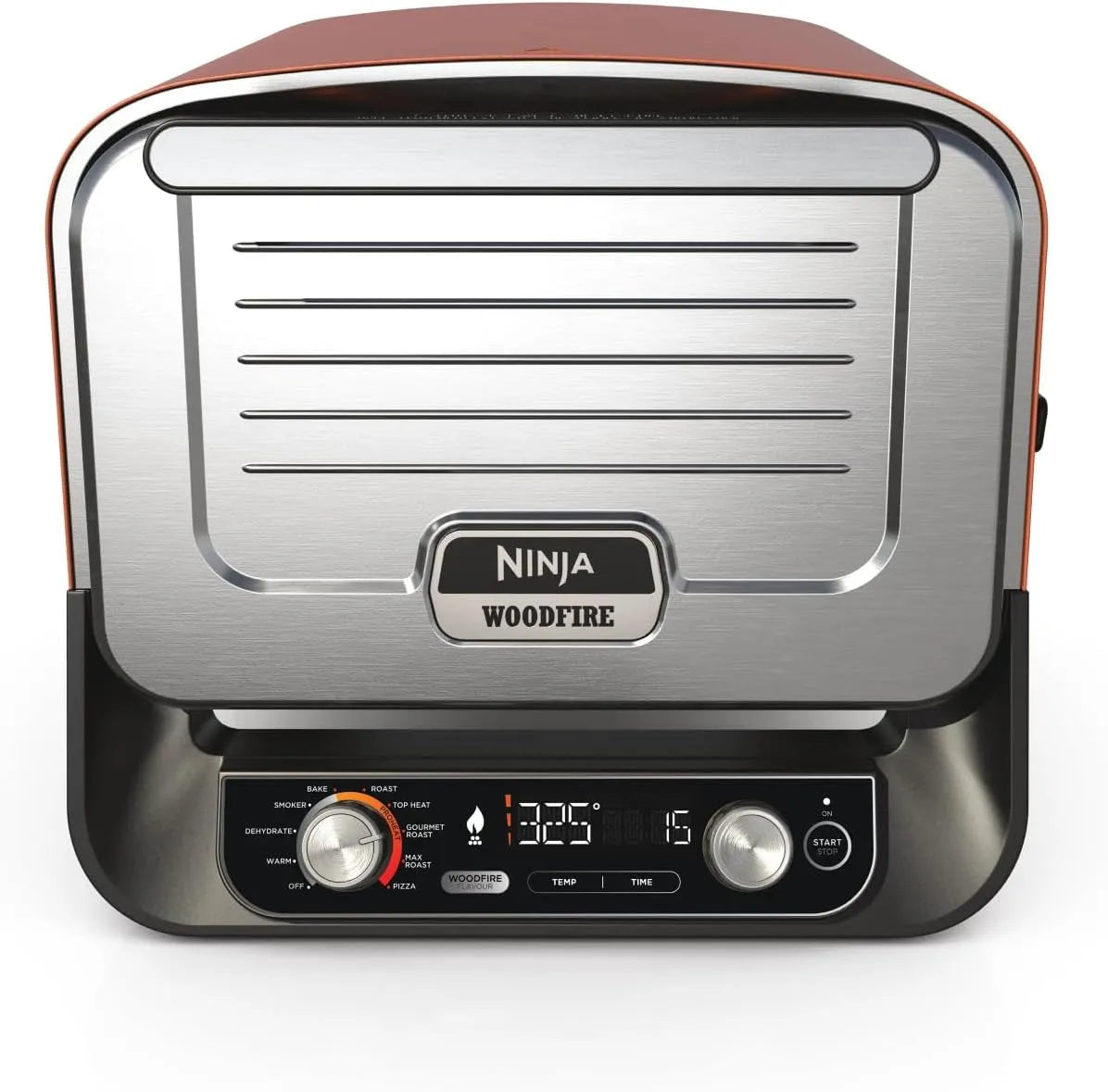 Ninja four OO101EU, fumoir barbecue avec grille, Woodfire à pizza extérieur électrique 8-en-1, rotissoire, 6 réglages, granulés de bois et pelle