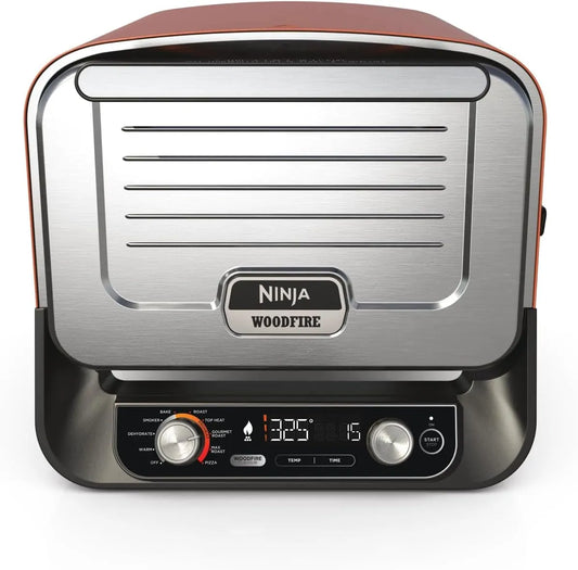Ninja four OO101EU, fumoir barbecue avec grille, Woodfire à pizza extérieur électrique 8-en-1, rotissoire, 6 réglages, granulés de bois et pelle